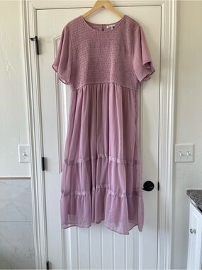 Women's Mauve Smocked Midi Dress - Lightweight Tiered Design
